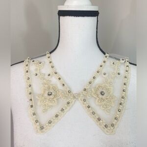 Ivory Cream Organza Peter Pan Collar Embroidery Beaded Pearl Rhinestone Necklace
